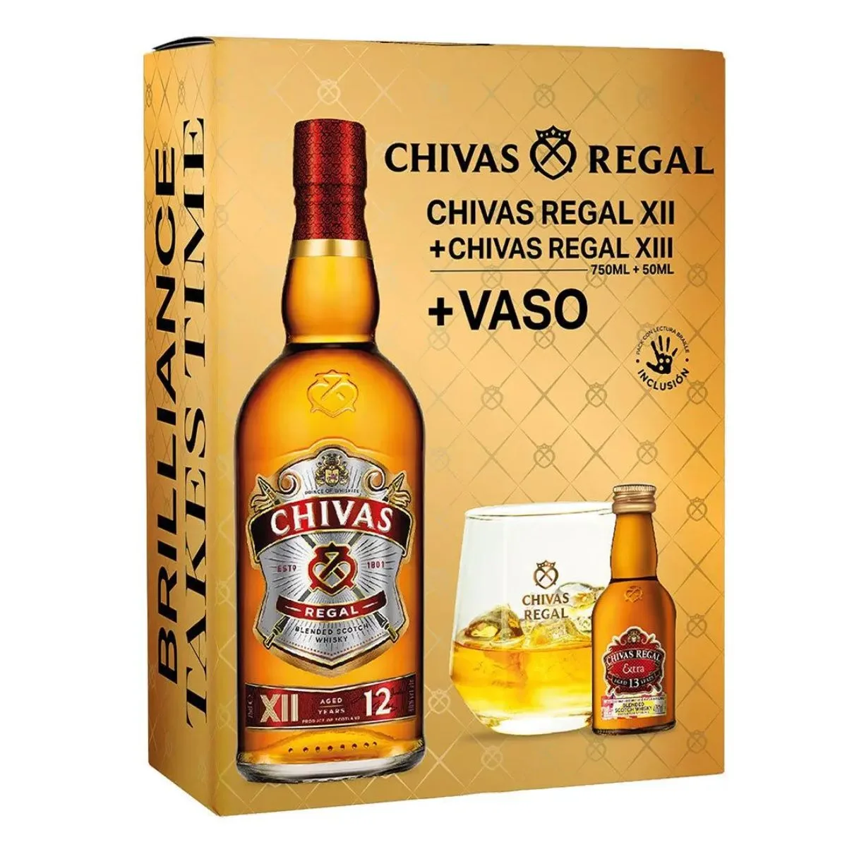 Kit Chivas: Whisky Chivas Regal 12 750cc 40° + Whisky Chivas Extra 13 años 200cc 40° + Vaso Chivas Regal